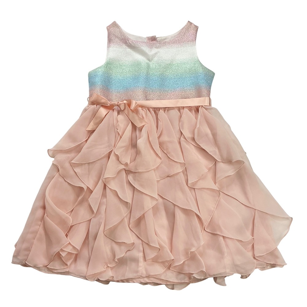 Youngland Pink Rainbow Ruffle Dress Girls 6X Glitter Tiered Sleeveless Bow